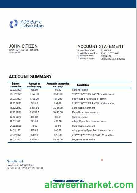 Uzbekistan KDB Bank statement template in Word and PDF format